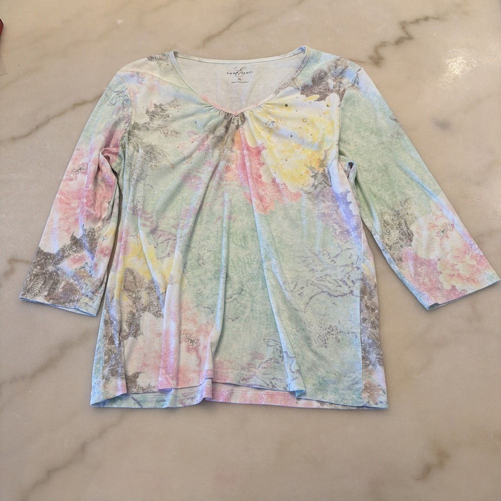 Emma James Women's 3/4 Sleeve Shirt Size XL Watercolor Floral Rhinestones Green - Picture 1 of 6